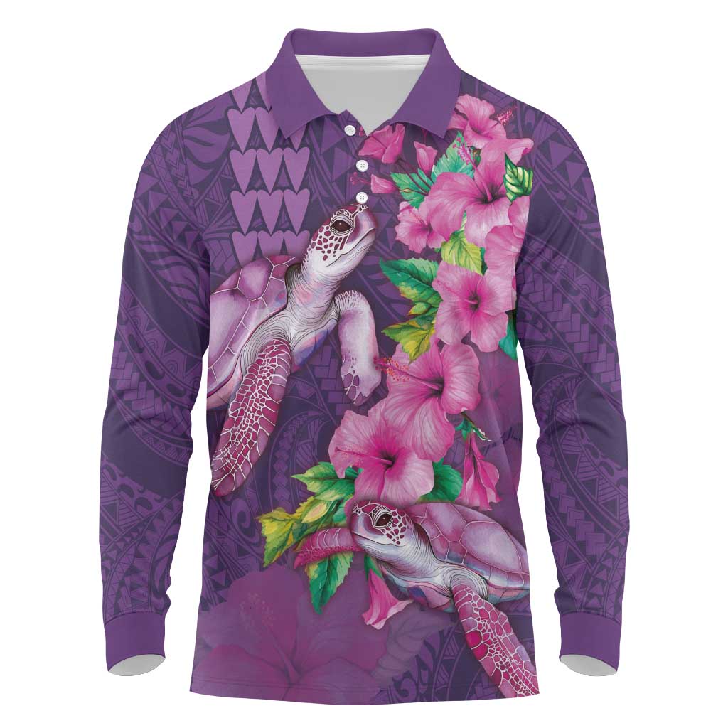 Hawaiian Turtle Love Couple Long Sleeve Polo Shirt - Sweet Hibiscus and Kakau Pattern Deep Purple Color LT03 Purple - Polynesian Pride