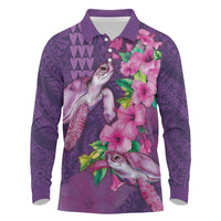 Hawaiian Turtle Love Couple Long Sleeve Polo Shirt - Sweet Hibiscus and Kakau Pattern Deep Purple Color LT03 Purple - Polynesian Pride