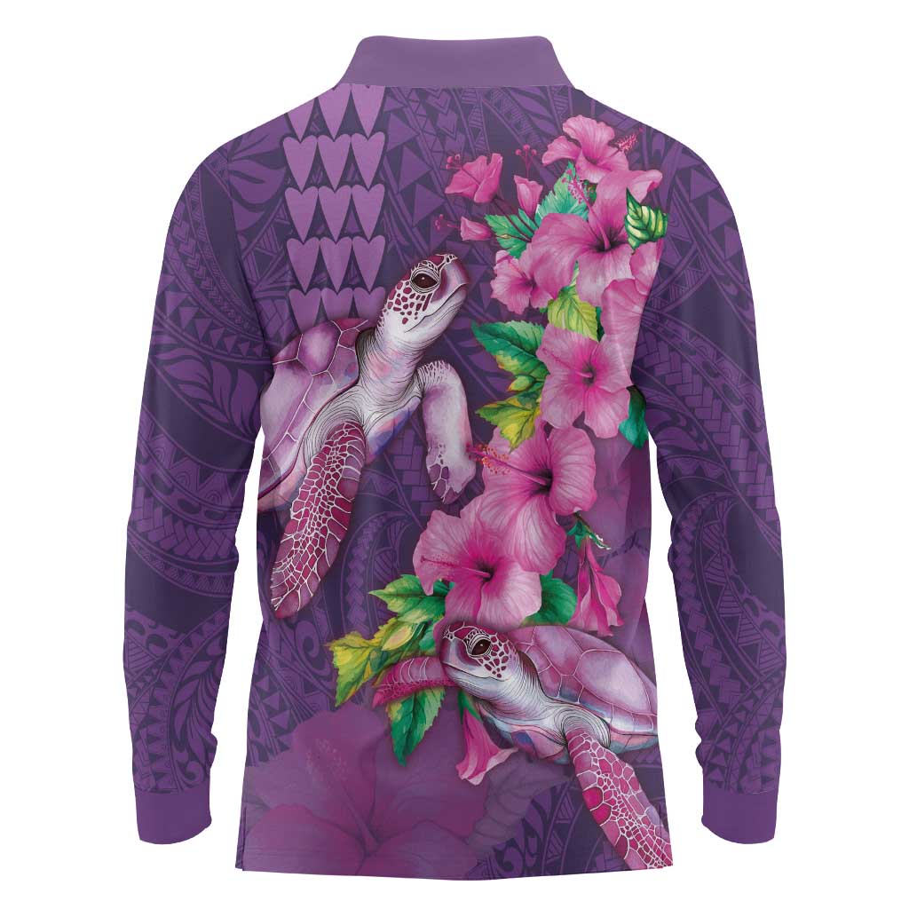 Hawaiian Turtle Love Couple Long Sleeve Polo Shirt - Sweet Hibiscus and Kakau Pattern Deep Purple Color LT03 - Polynesian Pride