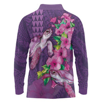 Hawaiian Turtle Love Couple Long Sleeve Polo Shirt - Sweet Hibiscus and Kakau Pattern Deep Purple Color LT03 - Polynesian Pride