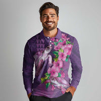 Hawaiian Turtle Love Couple Long Sleeve Polo Shirt - Sweet Hibiscus and Kakau Pattern Deep Purple Color LT03 - Polynesian Pride