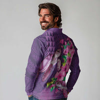 Hawaiian Turtle Love Couple Long Sleeve Polo Shirt - Sweet Hibiscus and Kakau Pattern Deep Purple Color LT03 - Polynesian Pride