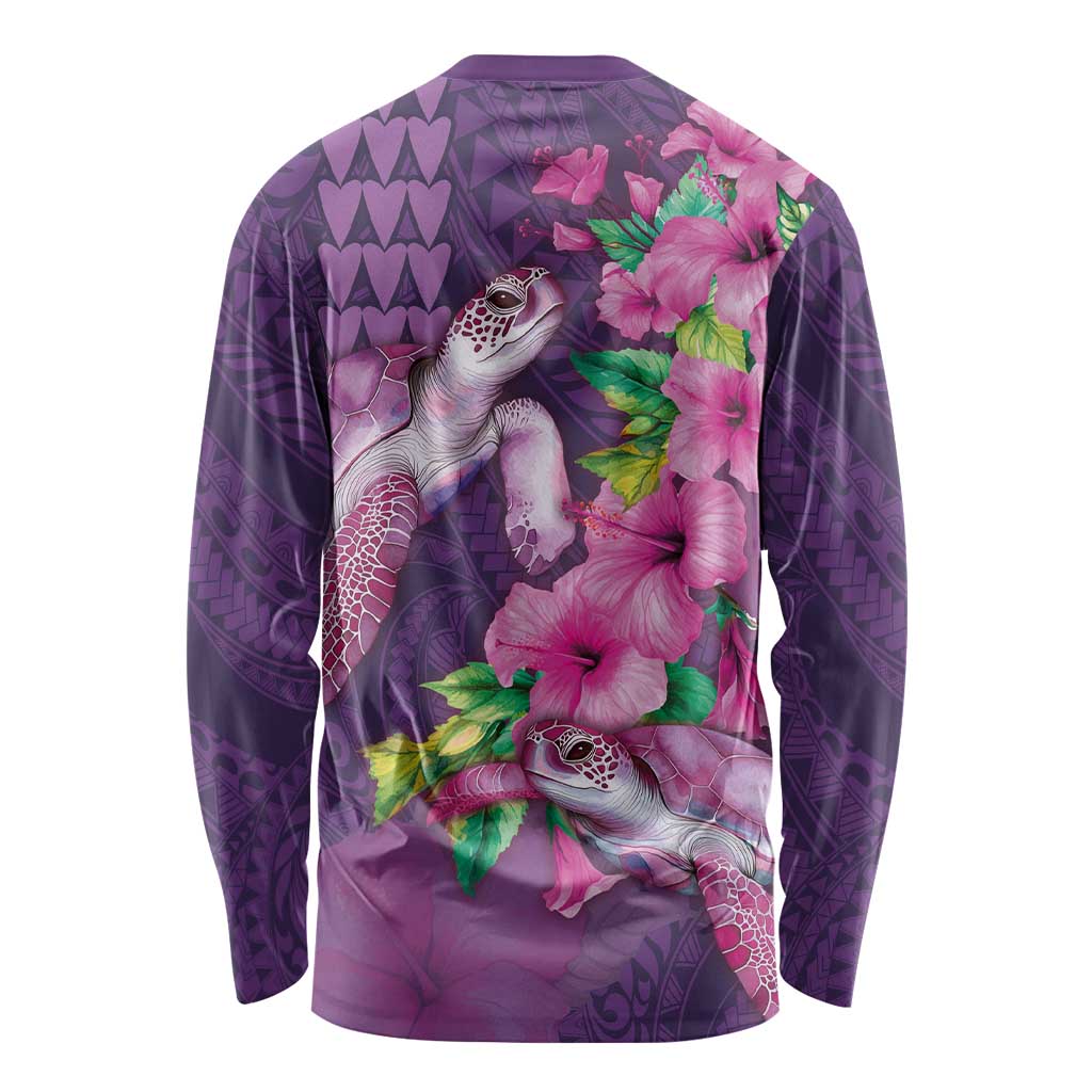 Hawaiian Turtle Love Couple Long Sleeve Shirt - Sweet Hibiscus and Kakau Pattern Deep Purple Color LT03 - Polynesian Pride