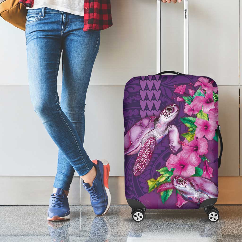 Hawaiian Turtle Love Couple Luggage Cover - Sweet Hibiscus and Kakau Pattern Deep Purple Color LT03 - Polynesian Pride