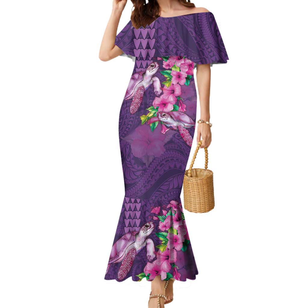 Hawaiian Turtle Love Couple Mermaid Dress - Sweet Hibiscus and Kakau Pattern Deep Purple Color LT03 Women Purple - Polynesian Pride