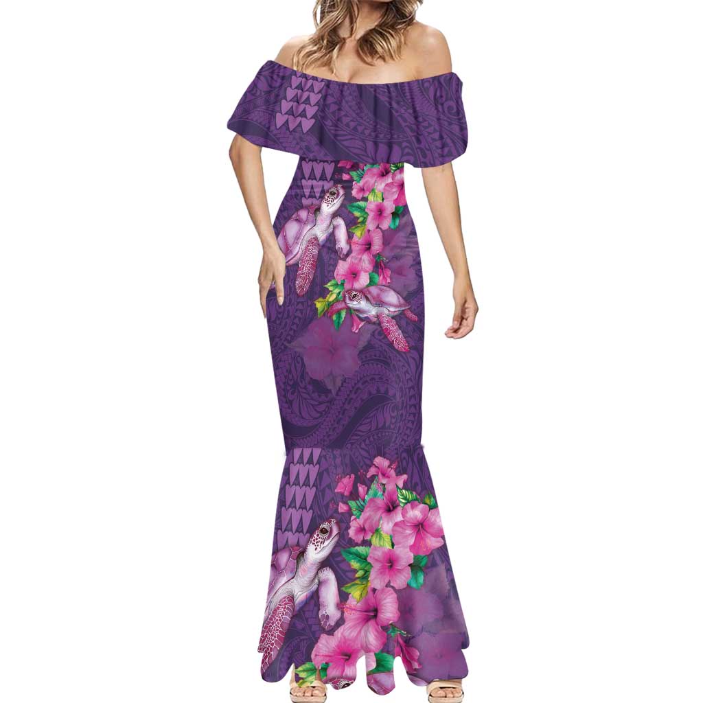 Hawaiian Turtle Love Couple Mermaid Dress - Sweet Hibiscus and Kakau Pattern Deep Purple Color LT03 - Polynesian Pride