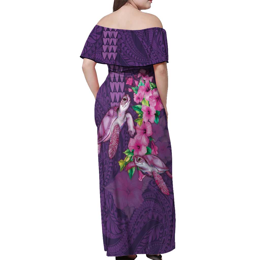 Hawaiian Turtle Love Couple Off Shoulder Maxi Dress - Sweet Hibiscus and Kakau Pattern Deep Purple Color LT03 - Polynesian Pride