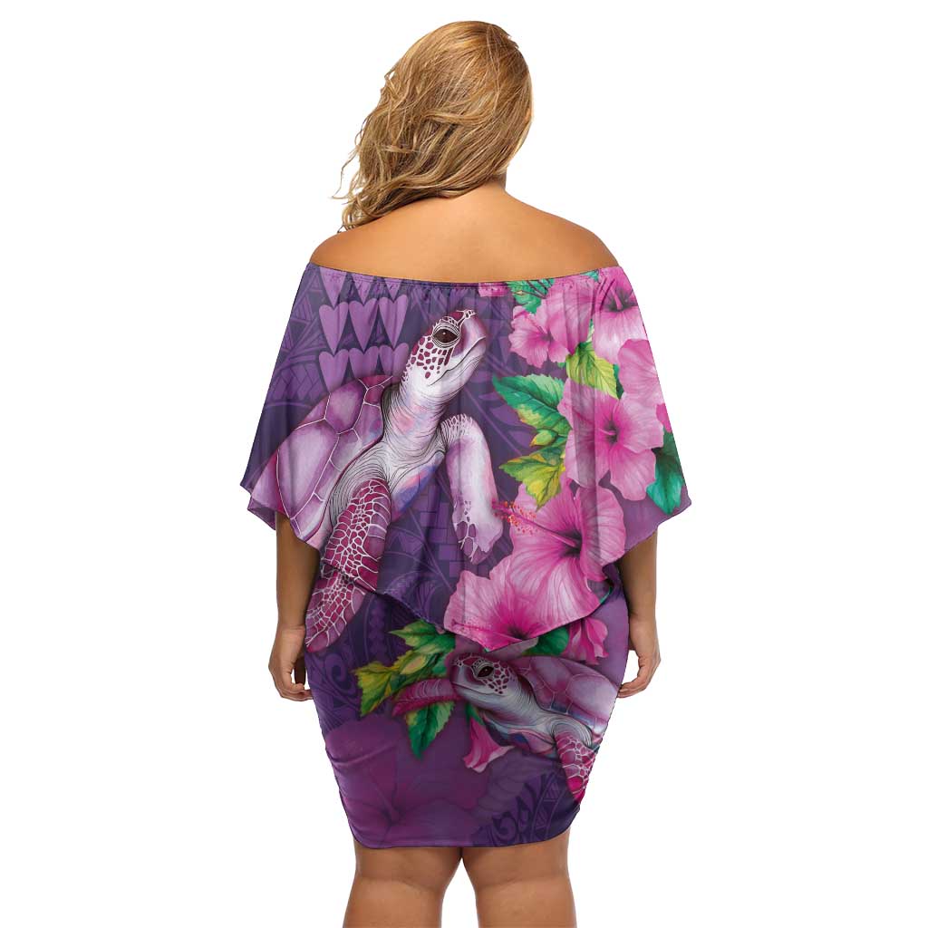 Hawaiian Turtle Love Couple Off Shoulder Short Dress - Sweet Hibiscus and Kakau Pattern Deep Purple Color LT03 - Polynesian Pride