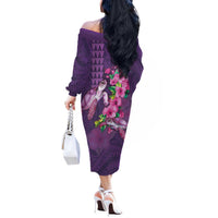 Hawaiian Turtle Love Couple Off The Shoulder Long Sleeve Dress - Sweet Hibiscus and Kakau Pattern Deep Purple Color LT03 - Polynesian Pride