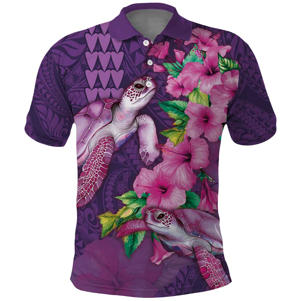 Hawaiian Turtle Love Couple Polo Shirt - Sweet Hibiscus and Kakau Pattern Deep Purple Color LT03 Purple - Polynesian Pride