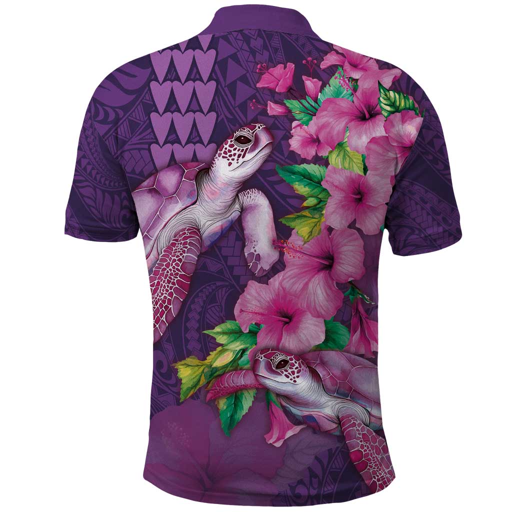 Hawaiian Turtle Love Couple Polo Shirt - Sweet Hibiscus and Kakau Pattern Deep Purple Color LT03 - Polynesian Pride