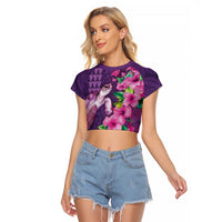 Hawaiian Turtle Love Couple Raglan Cropped T Shirt - Sweet Hibiscus and Kakau Pattern Deep Purple Color LT03 Female Purple - Polynesian Pride