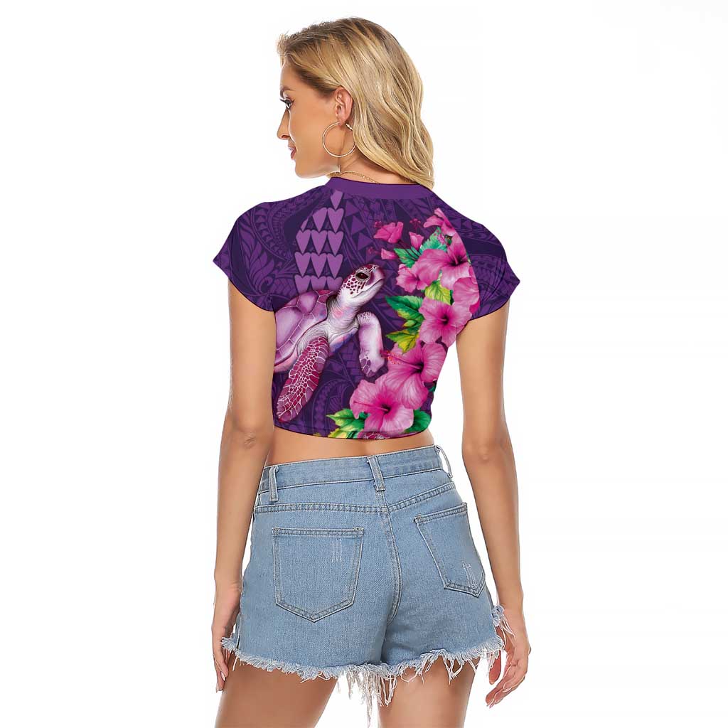Hawaiian Turtle Love Couple Raglan Cropped T Shirt - Sweet Hibiscus and Kakau Pattern Deep Purple Color LT03 - Polynesian Pride
