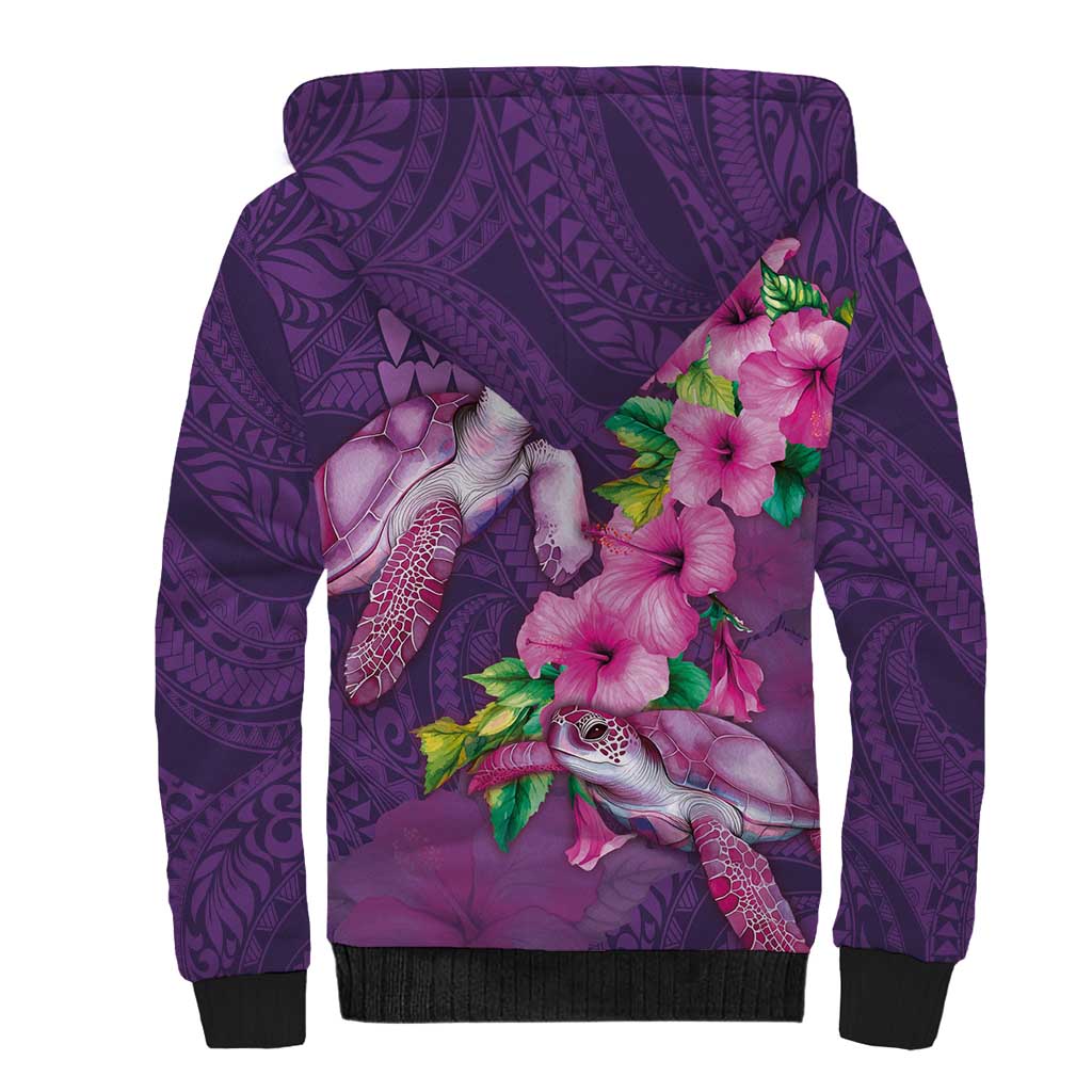 Hawaiian Turtle Love Couple Sherpa Hoodie - Sweet Hibiscus and Kakau Pattern Deep Purple Color LT03 - Polynesian Pride