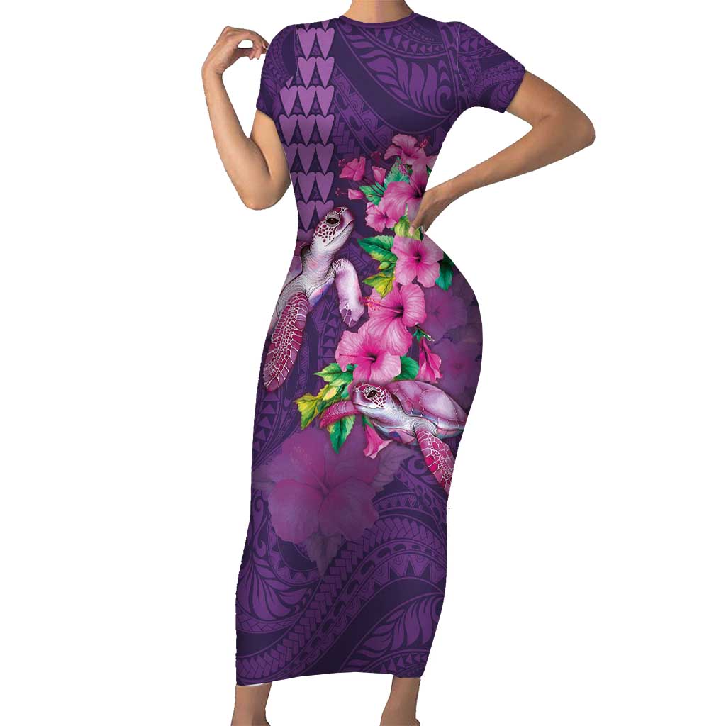 Hawaiian Turtle Love Couple Short Sleeve Bodycon Dress - Sweet Hibiscus and Kakau Pattern Deep Purple Color LT03 Long Dress Purple - Polynesian Pride