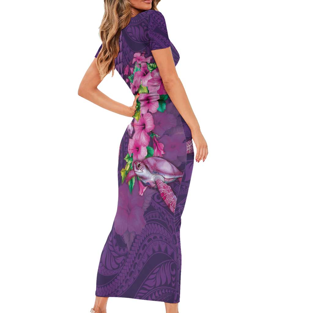 Hawaiian Turtle Love Couple Short Sleeve Bodycon Dress - Sweet Hibiscus and Kakau Pattern Deep Purple Color LT03 - Polynesian Pride