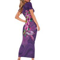 Hawaiian Turtle Love Couple Short Sleeve Bodycon Dress - Sweet Hibiscus and Kakau Pattern Deep Purple Color LT03 - Polynesian Pride