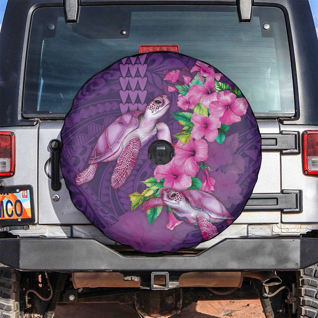 Hawaiian Turtle Love Couple Spare Tire Cover - Sweet Hibiscus and Kakau Pattern Deep Purple Color LT03 Purple - Polynesian Pride
