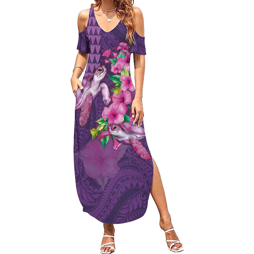 Hawaiian Turtle Love Couple Summer Maxi Dress - Sweet Hibiscus and Kakau Pattern Deep Purple Color LT03 Women Purple - Polynesian Pride