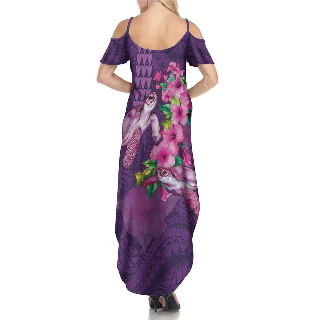 Hawaiian Turtle Love Couple Summer Maxi Dress - Sweet Hibiscus and Kakau Pattern Deep Purple Color LT03 - Polynesian Pride