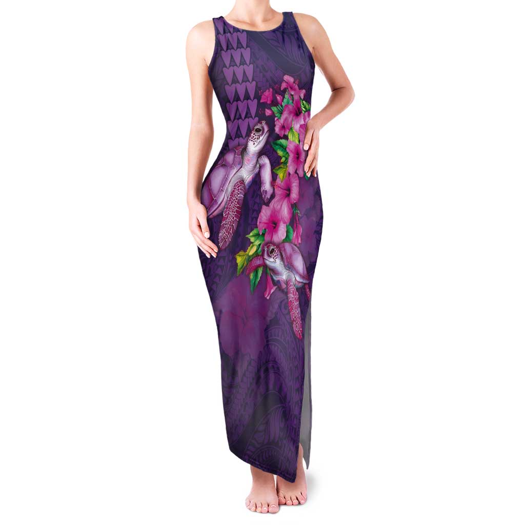 Hawaiian Turtle Love Couple Tank Maxi Dress - Sweet Hibiscus and Kakau Pattern Deep Purple Color LT03 Women Purple - Polynesian Pride