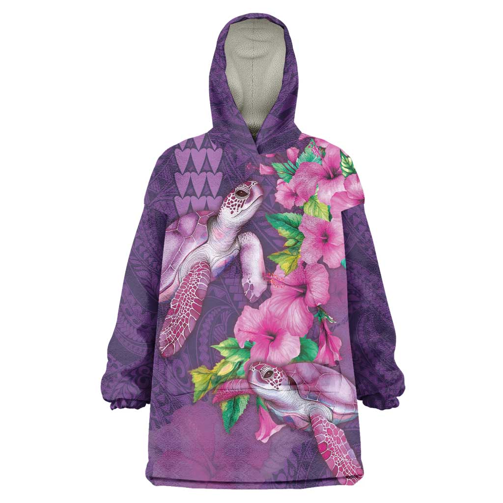 Hawaiian Turtle Love Couple Wearable Blanket Hoodie - Sweet Hibiscus and Kakau Pattern Deep Purple Color LT03 One Size Purple - Polynesian Pride