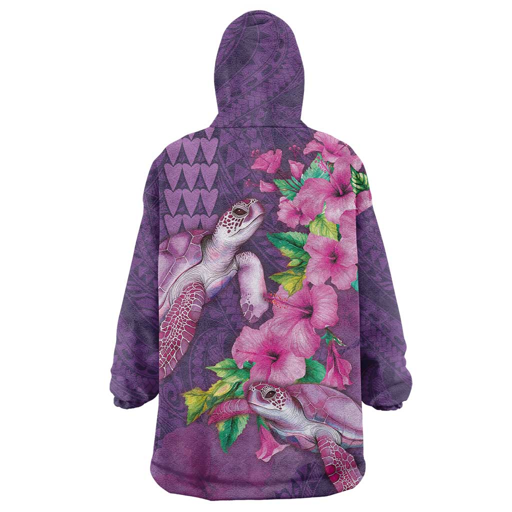 Hawaiian Turtle Love Couple Wearable Blanket Hoodie - Sweet Hibiscus and Kakau Pattern Deep Purple Color LT03 - Polynesian Pride