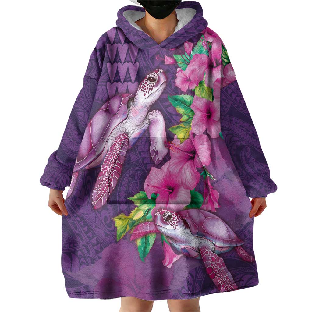 Hawaiian Turtle Love Couple Wearable Blanket Hoodie - Sweet Hibiscus and Kakau Pattern Deep Purple Color LT03 - Polynesian Pride