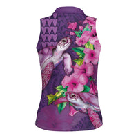 Hawaiian Turtle Love Couple Women Sleeveless Polo Shirt - Sweet Hibiscus and Kakau Pattern Deep Purple Color LT03 - Polynesian Pride