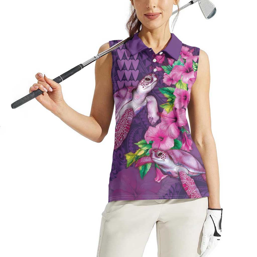 Hawaiian Turtle Love Couple Women Sleeveless Polo Shirt - Sweet Hibiscus and Kakau Pattern Deep Purple Color LT03 - Polynesian Pride