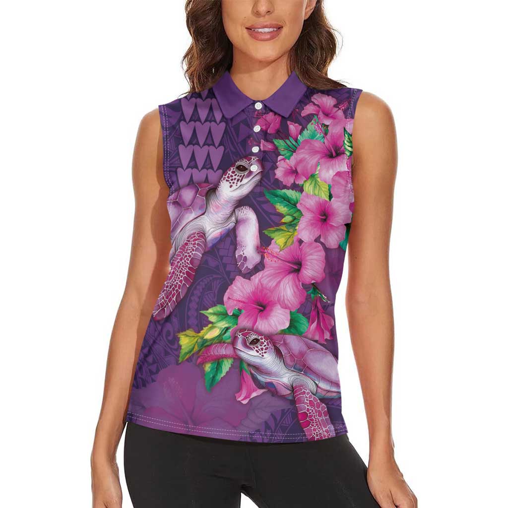 Hawaiian Turtle Love Couple Women Sleeveless Polo Shirt - Sweet Hibiscus and Kakau Pattern Deep Purple Color LT03 - Polynesian Pride