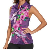 Hawaiian Turtle Love Couple Women Sleeveless Polo Shirt - Sweet Hibiscus and Kakau Pattern Deep Purple Color LT03 - Polynesian Pride