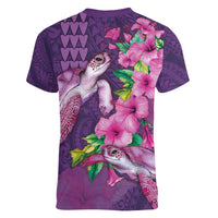 Hawaiian Turtle Love Couple Women V-Neck T-Shirt - Sweet Hibiscus and Kakau Pattern Deep Purple Color LT03 - Polynesian Pride
