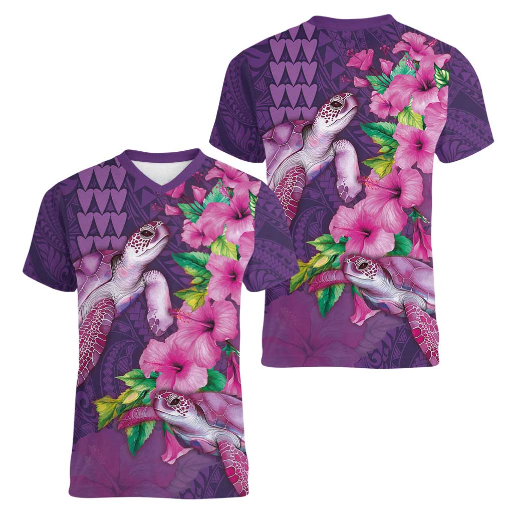 Hawaiian Turtle Love Couple Women V-Neck T-Shirt - Sweet Hibiscus and Kakau Pattern Deep Purple Color LT03 - Polynesian Pride