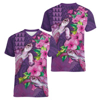 Hawaiian Turtle Love Couple Women V-Neck T-Shirt - Sweet Hibiscus and Kakau Pattern Deep Purple Color LT03 - Polynesian Pride