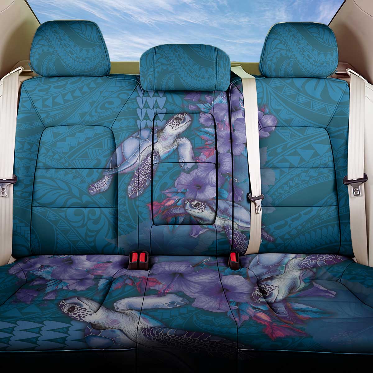 Hawaiian Turtle Love Couple Back Car Seat Cover - Sweet Hibiscus and Kakau Pattern Sapphire Color LT03 One Size Blue - Polynesian Pride