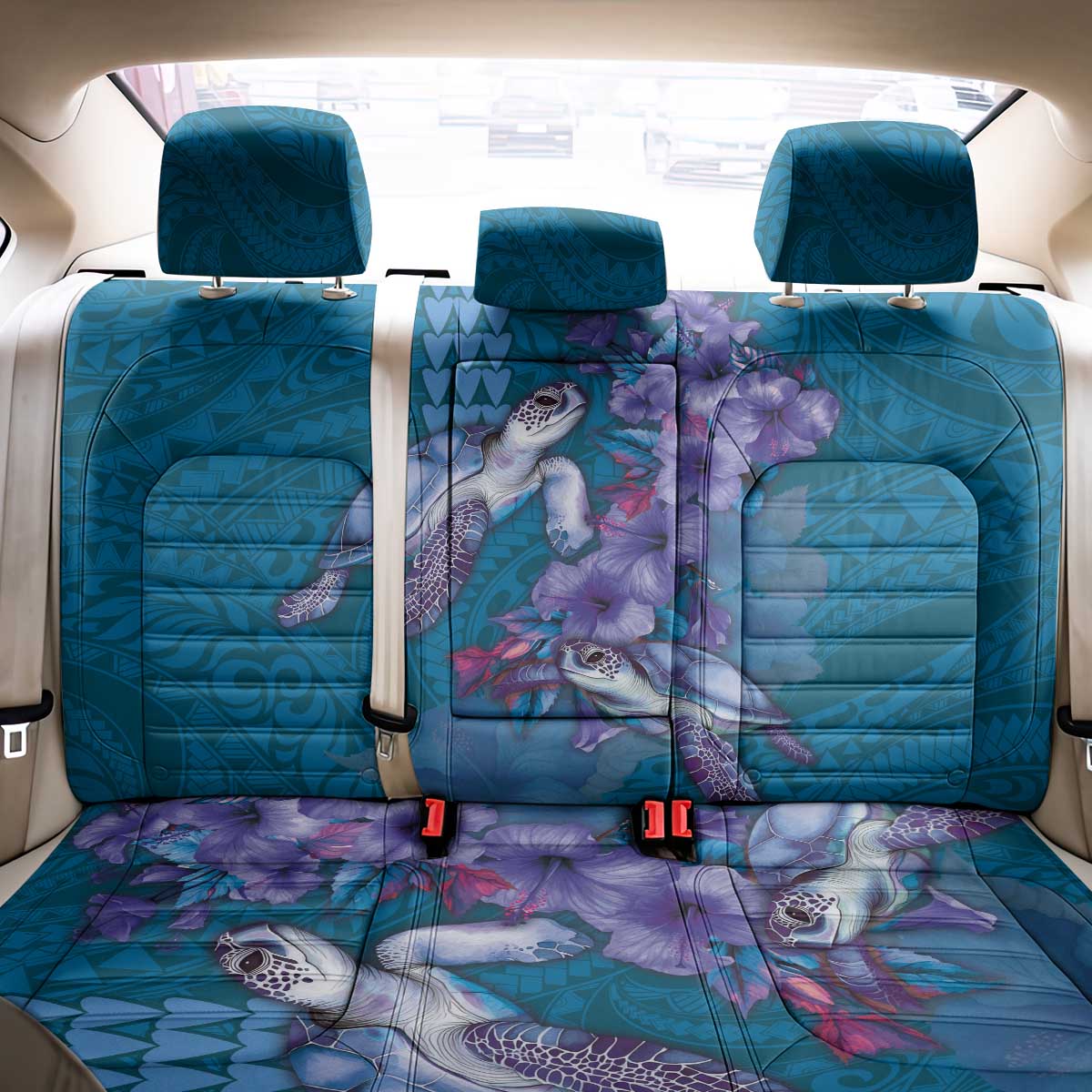 Hawaiian Turtle Love Couple Back Car Seat Cover - Sweet Hibiscus and Kakau Pattern Sapphire Color LT03 - Polynesian Pride