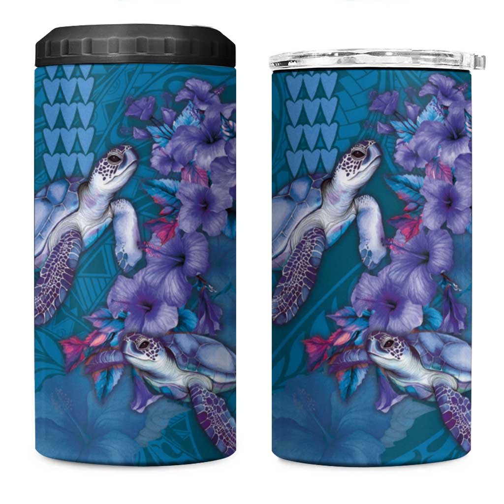 Hawaiian Turtle Love Couple 4 in 1 Can Cooler Tumbler Sweet Hibiscus and Kakau Pattern Sapphire Color LT03 One Size: 16 oz Blue - Polynesian Pride