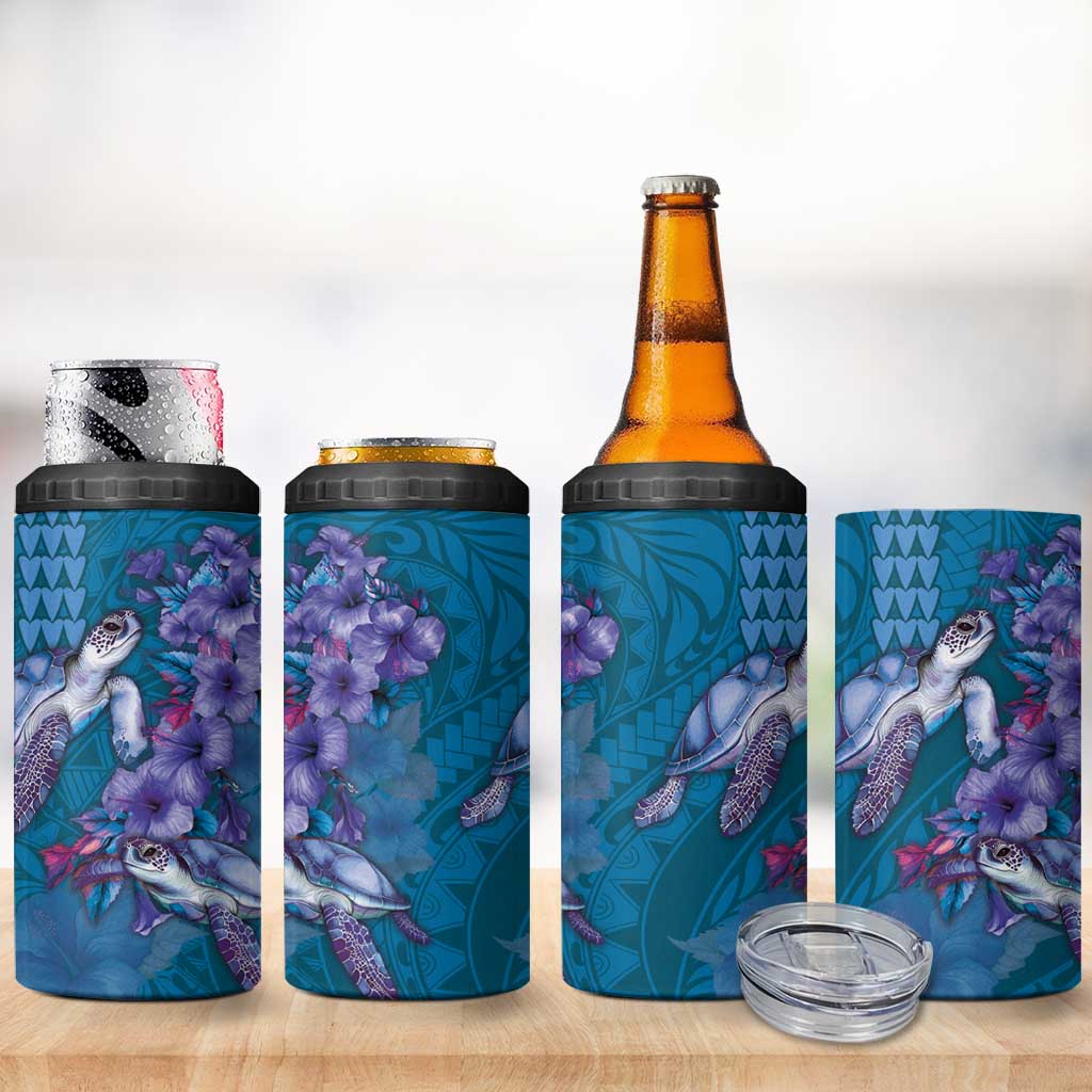 Hawaiian Turtle Love Couple 4 in 1 Can Cooler Tumbler Sweet Hibiscus and Kakau Pattern Sapphire Color LT03 - Polynesian Pride