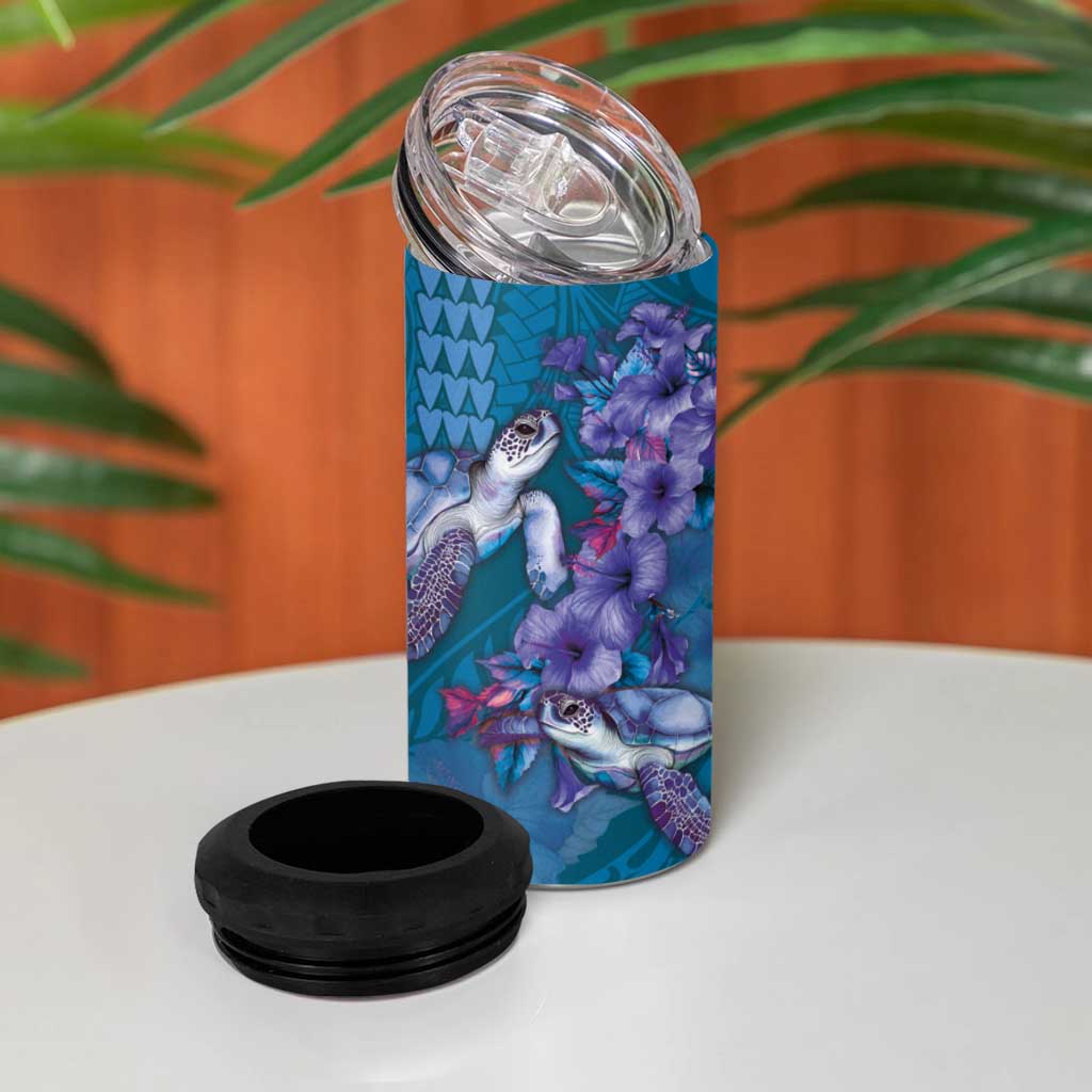 Hawaiian Turtle Love Couple 4 in 1 Can Cooler Tumbler Sweet Hibiscus and Kakau Pattern Sapphire Color LT03 - Polynesian Pride