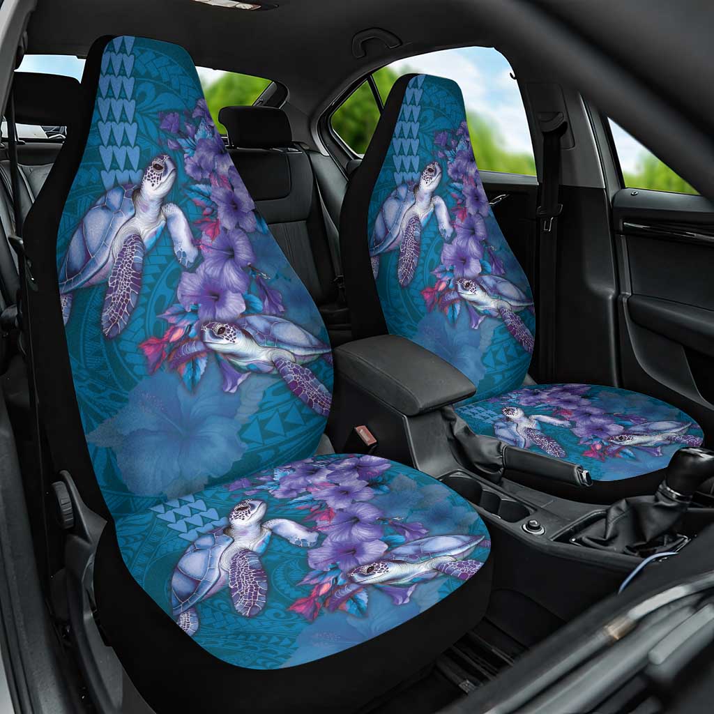 Hawaiian Turtle Love Couple Car Seat Cover - Sweet Hibiscus and Kakau Pattern Sapphire Color LT03 One Size Blue - Polynesian Pride