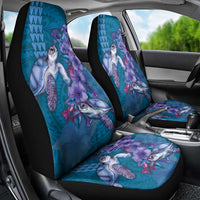 Hawaiian Turtle Love Couple Car Seat Cover - Sweet Hibiscus and Kakau Pattern Sapphire Color LT03 - Polynesian Pride