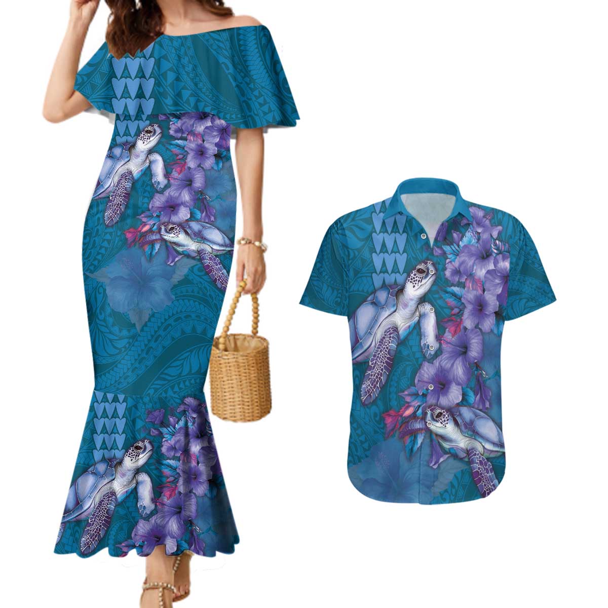 Hawaiian Turtle Love Couple Couples Matching Mermaid Dress and Hawaiian Shirt - Sweet Hibiscus and Kakau Pattern Sapphire Color LT03 Blue - Polynesian Pride