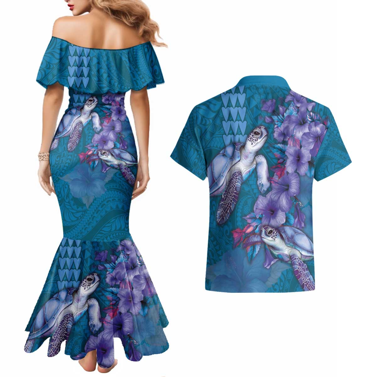 Hawaiian Turtle Love Couple Couples Matching Mermaid Dress and Hawaiian Shirt - Sweet Hibiscus and Kakau Pattern Sapphire Color LT03 - Polynesian Pride