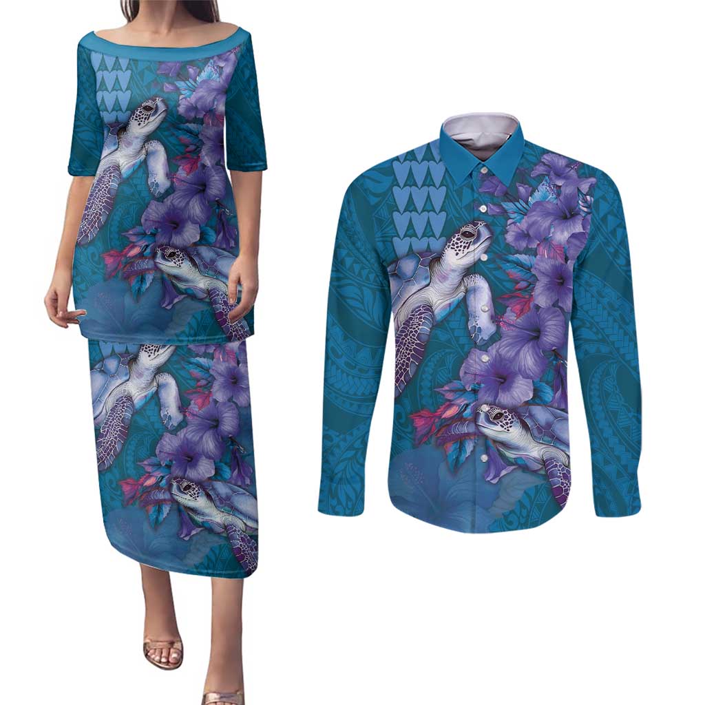 Hawaiian Turtle Love Couple Couples Matching Puletasi and Long Sleeve Button Shirt - Sweet Hibiscus and Kakau Pattern Sapphire Color LT03 Blue - Polynesian Pride