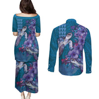Hawaiian Turtle Love Couple Couples Matching Puletasi and Long Sleeve Button Shirt - Sweet Hibiscus and Kakau Pattern Sapphire Color LT03 - Polynesian Pride