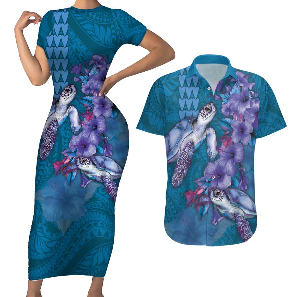 Hawaiian Turtle Love Couple Couples Matching Short Sleeve Bodycon Dress and Hawaiian Shirt - Sweet Hibiscus and Kakau Pattern Sapphire Color LT03 Blue - Polynesian Pride