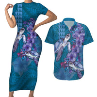 Hawaiian Turtle Love Couple Couples Matching Short Sleeve Bodycon Dress and Hawaiian Shirt - Sweet Hibiscus and Kakau Pattern Sapphire Color LT03 Blue - Polynesian Pride