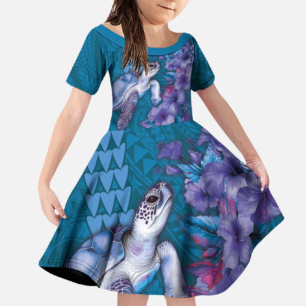 Hawaiian Turtle Love Couple Family Matching Mermaid Dress and Hawaiian Shirt - Sweet Hibiscus and Kakau Pattern Sapphire Color LT03 Daughter's Dress Blue - Polynesian Pride