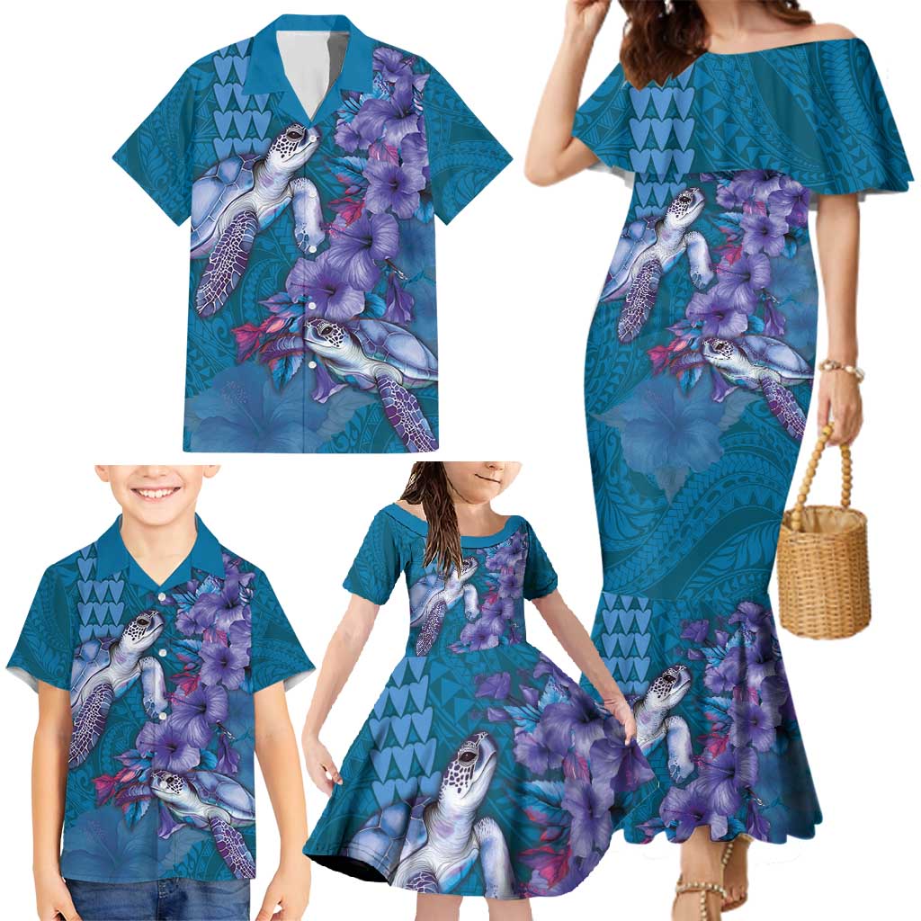 Hawaiian Turtle Love Couple Family Matching Mermaid Dress and Hawaiian Shirt - Sweet Hibiscus and Kakau Pattern Sapphire Color LT03 - Polynesian Pride